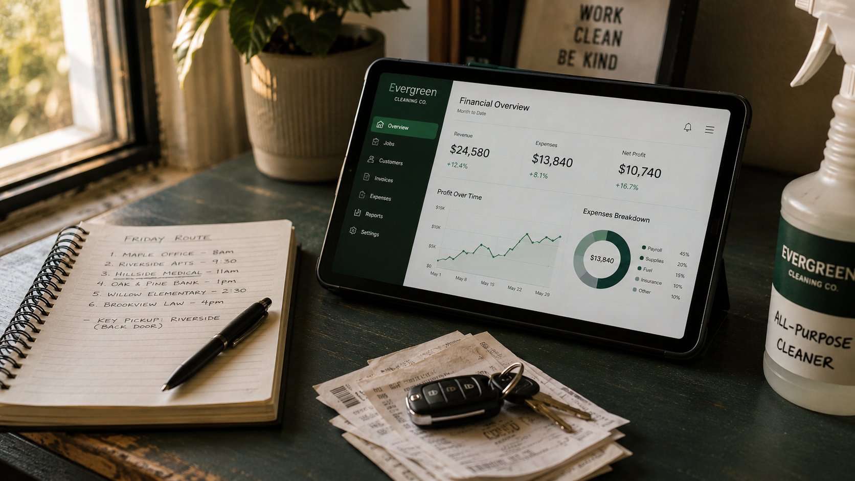 A cleaning company owner's desk with a tablet, route notebook, receipts and van keys
